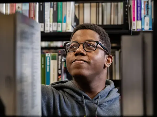 Decorative image of a library user looking for books on a shelf