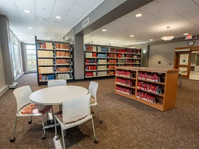 Image of seating and browseable stacks in the Performing Arts Collection