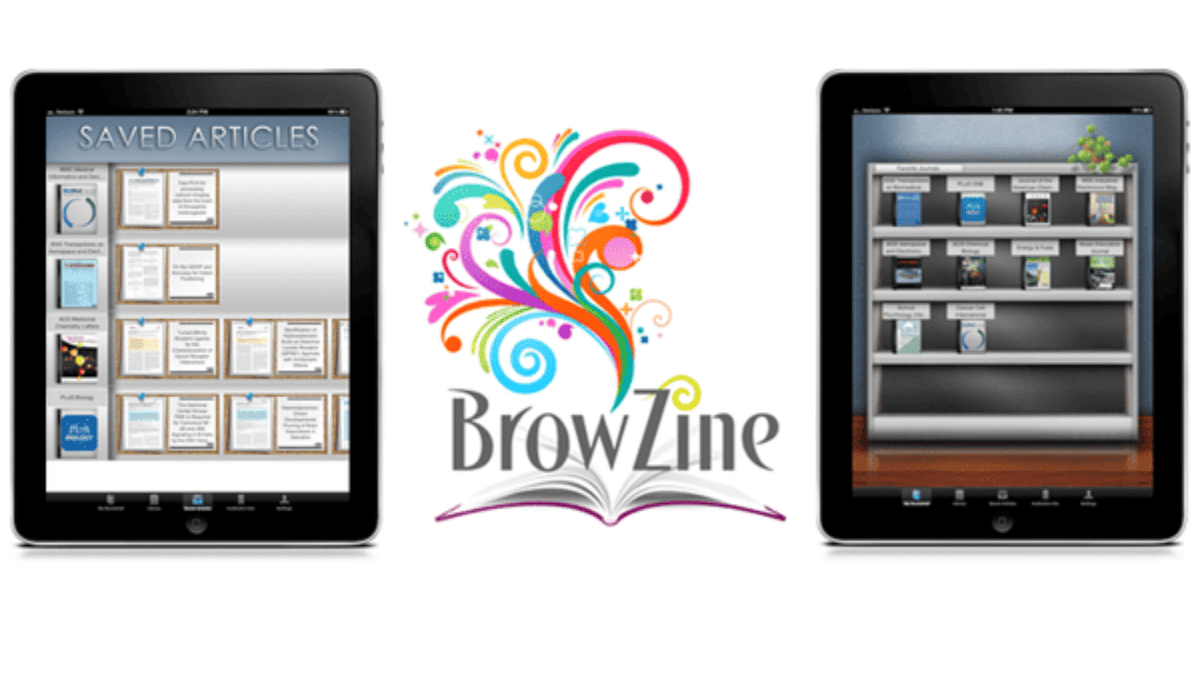 Image of BrowZine Logo and Tablet running BrowZine app